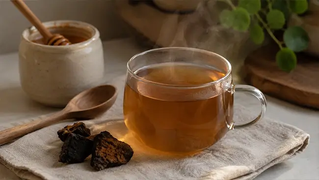 Chaga paddenstoel thee met zachte goudbruine kleur in glas