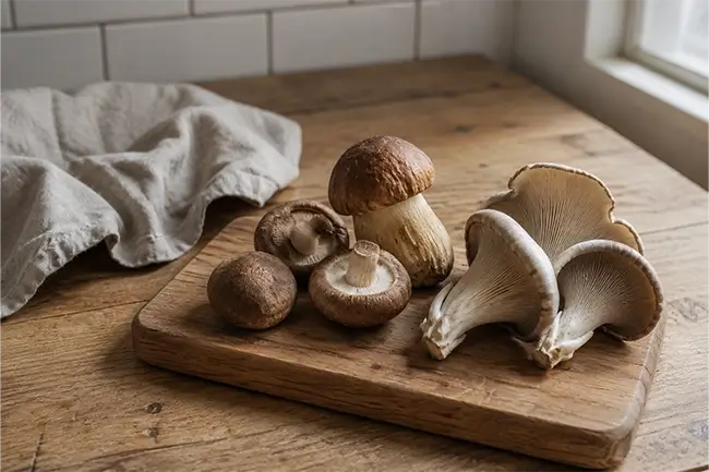 Eetbare paddenstoelen op houten keukentafel met oesterzwam shiitake en eekhoorntjesbrood