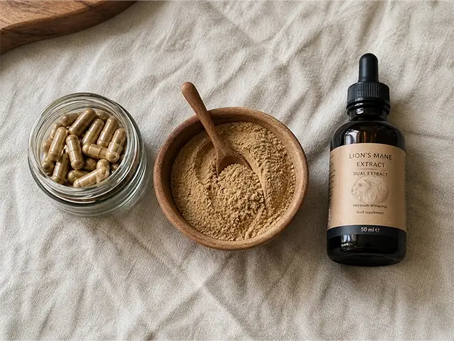 Lions mane extract in capsules, poeder en tinctuur naast elkaar