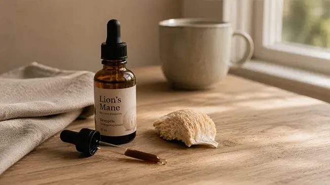 Lion's mane druppels in een amberkleurig flesje met pipet op een werkblad
