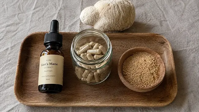Lion's mane druppels, capsules en poeder naast elkaar voor vergelijking