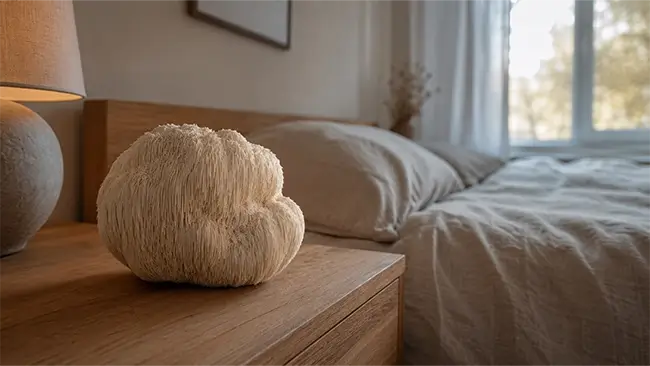 Lion's mane en slapen: witte paddenstoel naast een opgemaakt bed met sfeerlicht