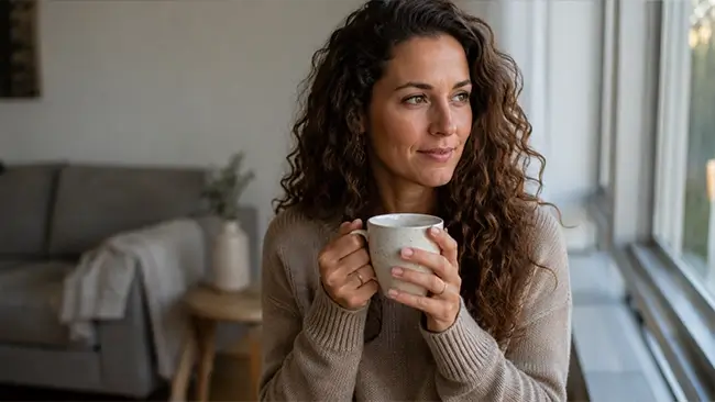 Vrouw drinkt thee met lions mane poeder voor focus en kalmte
