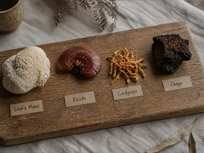 Lion's mane paddenstoel naast reishi, cordyceps en chaga op een houten plank