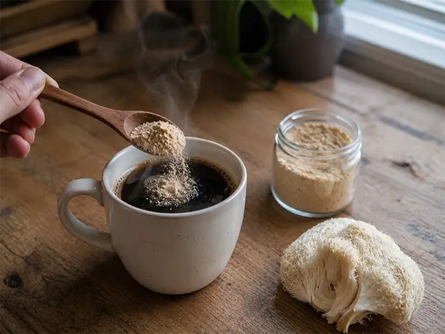 Lion's mane paddenstoel poeder geroerd door warme koffie op een houten tafel