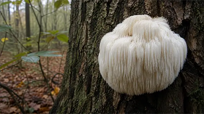 Lion's mane paddenstoel met witte stekels op een eikenstam