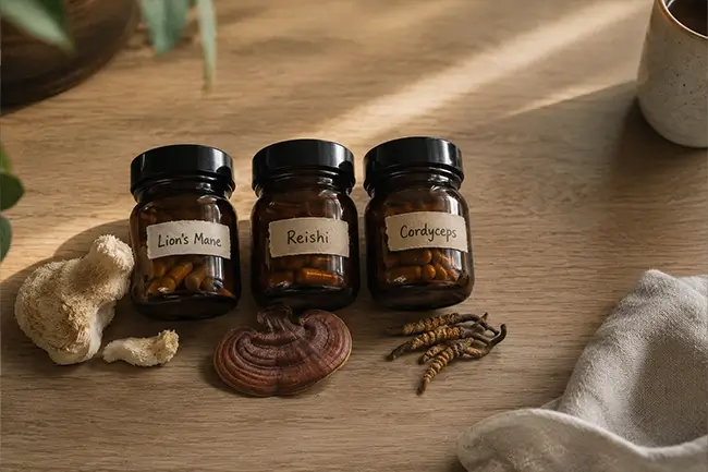 Verschillende paddenstoelensupplementen op een houten tafel: lion's mane, reishi en cordyceps