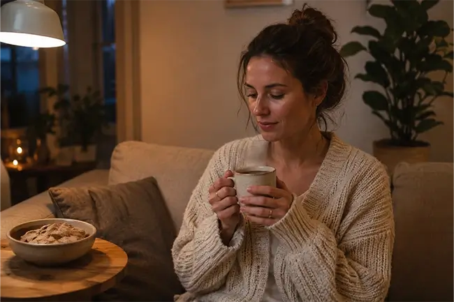 Vrouw drinkt lion's mane thee in de avond als rustmoment voor het slapen