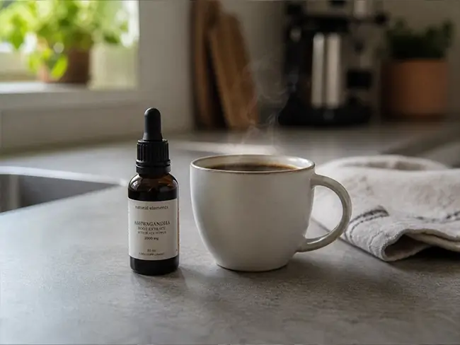 Lions mane tinctuur naast een kop koffie als ochtendroutine