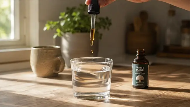 lion's mane vloeibaar dosering met pipet boven een glas water