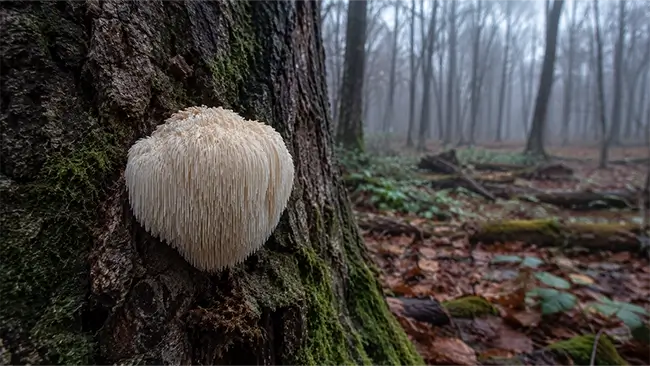 Lion's Mane werking witte paddenstoel met lange stekels in bos