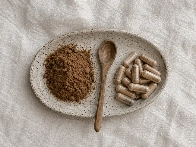 Maitake Capsules en maitake poeder naast elkaar op een keramische schaal