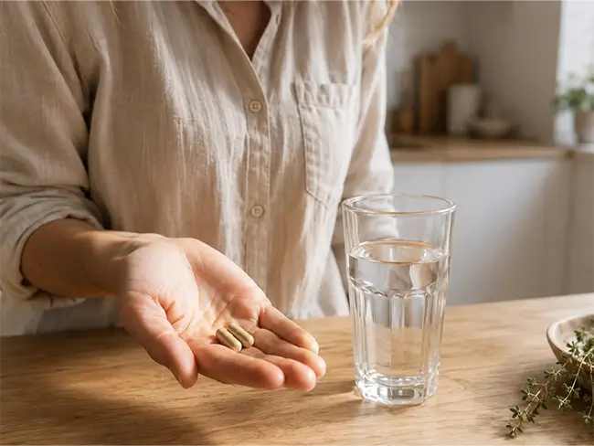 Hand met twee Maitake Capsules naast een glas water als ochtendritueel