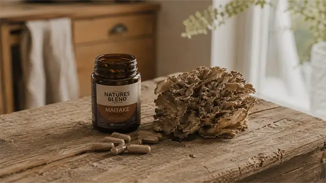 Maitake Capsules naast een verse eikhaas paddenstoel op een houten plank