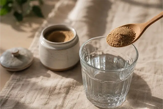 Theelepel met maitake poeder dosering naast een glas water