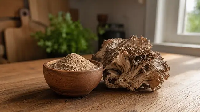 Maitake poeder van de eikhaas paddenstoel in een houten kom