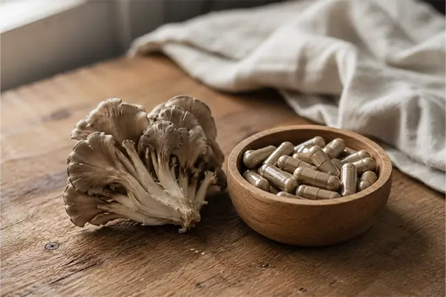Maitake supplement capsules naast verse eikhaas op een houten ondergrond
