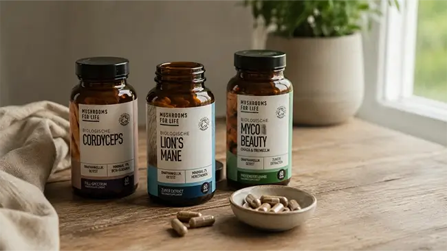 Mushrooms4life biologische paddenstoelensupplementen op een houten tafel