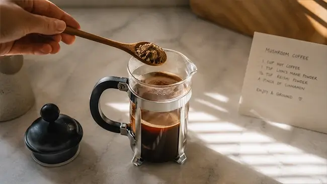 Stap voor stap een mix maken van paddenstoelenpoeder en gemalen koffie in een French press
