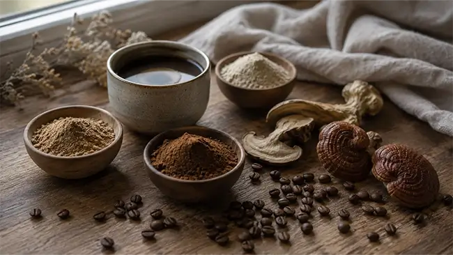 Paddenstoelen koffie zelf maken met zes soorten paddenstoelenpoeder en gemalen koffie