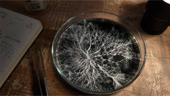 Mycelium van psilocybine paddenstoelen onder een microscoop