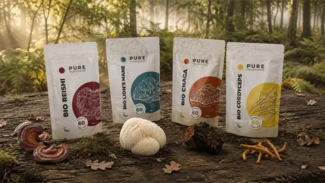 Pure Mushrooms biologische paddenstoelen capsules op een tafel