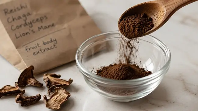 Pure Mushrooms vruchtlichaam extract productieproces close-up