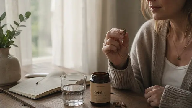 Reishi Capsules naast een glas water op een rustige ochtendtafel
