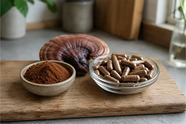 Reishi capsules en poeder op houten plank met gedroogde paddenstoel