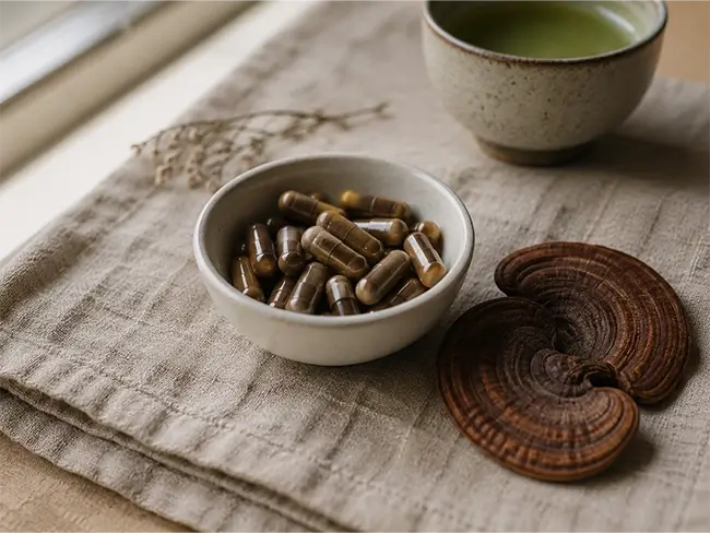 Reishi Capsules in een glazen schaaltje met gedroogde Ganoderma lucidum