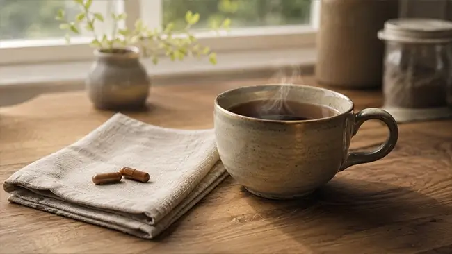 Reishi capsules naast een kop kruidenthee op tafel