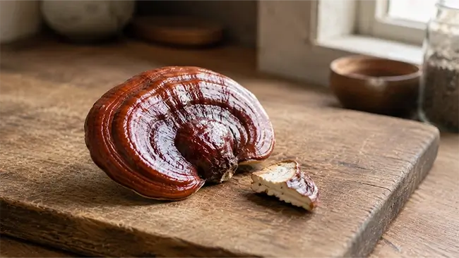 Verse reishi paddenstoel op een houten ondergrond