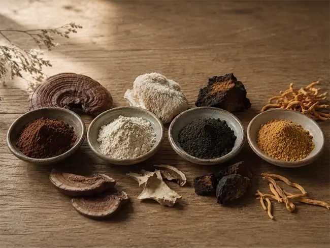 Verschillende paddenstoelensupplementen waaronder reishi op een tafel