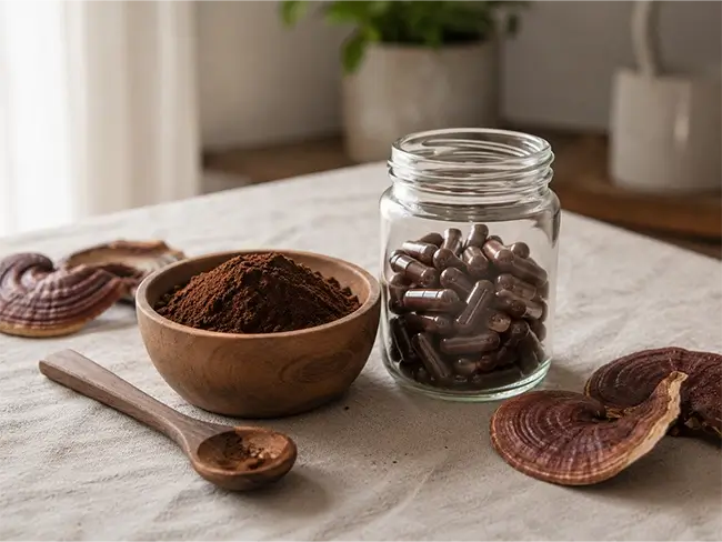 Reishi poeder en capsules naast elkaar op tafel