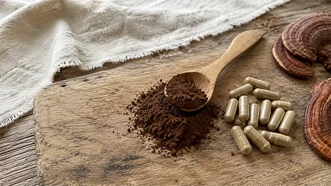 reishi paddenstoel capsules en poeder naast een houten lepel op een natuurlijke ondergrond