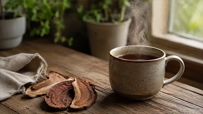kop reishi paddenstoel thee met gedroogde stukjes lakzwam op een houten tafel