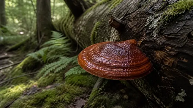Reishi werking paddenstoel groeiend op een boomstam in het bos