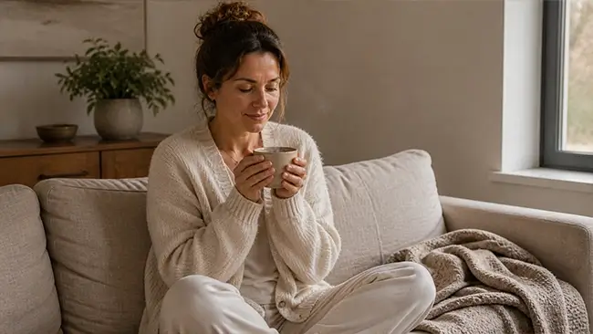 Vrouw die ontspannen op de bank zit met een kop reishi thee voor stress en slaap