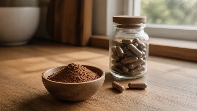 Reishi werking capsules en poeder als supplement op een houten ondergrond