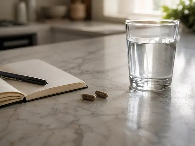 Shiitake Capsules naast een glas water en een notitieblok op een keukenwerkblad