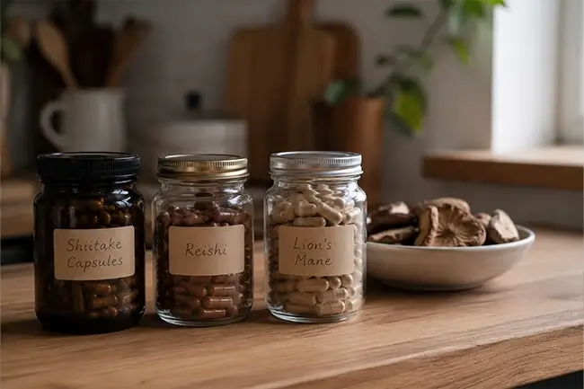 Verschillende paddenstoelensupplementen waaronder Shiitake Capsules, Reishi en Lion's Mane op een keukenwerkblad