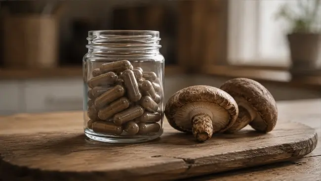 Shiitake Capsules in een glazen pot naast verse shiitake paddenstoelen op een houten plank
