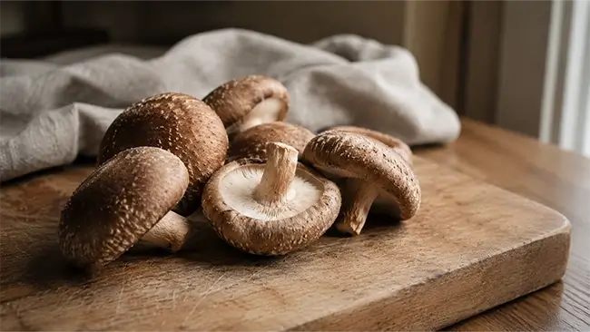 Verse shiitake paddenstoelen op een houten plank