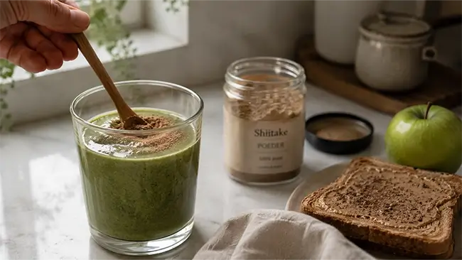 shiitake poeder door smoothie roeren bij ontbijt