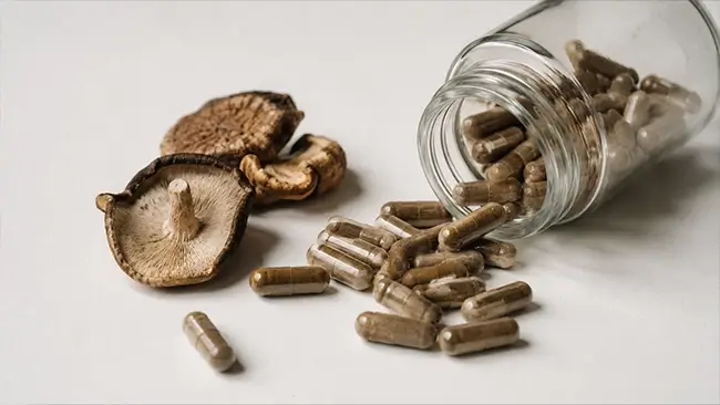 Shiitake supplementen in capsulevorm op een witte achtergrond