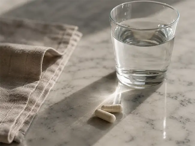 Snow Fungus Capsules op een marmeren werkblad naast een glas water voor de dagelijkse dosering