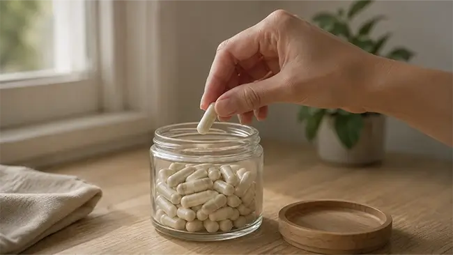 Snow Fungus Capsules in een houten potje met een hand die er een capsule uit pakt