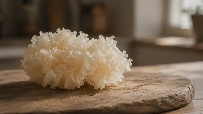 Snow Fungus witte paddenstoel op een houten ondergrond