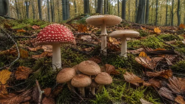 Verschillende paddenstoelen in een herfstbos op mospartij