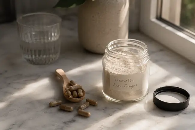 Tremella capsules en poeder op een witte tafel